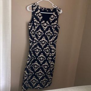 Talbots sleeveless dress, blue and tan, with detailed stitching.